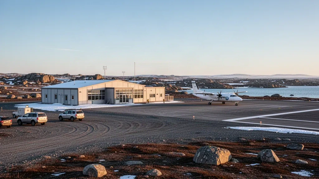 Terminal de poca altura y plataforma de grava en el Aeropuerto de Kugluktuk, en la tundra de Nunavut, con un pequeño turbohélice bajo un cielo ártico pálido