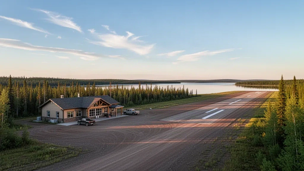 Petit terminal d'aéroport régional à Cross Lake, au Manitoba, avec une piste et la forêt boréale environnante sous un ciel dégagé.