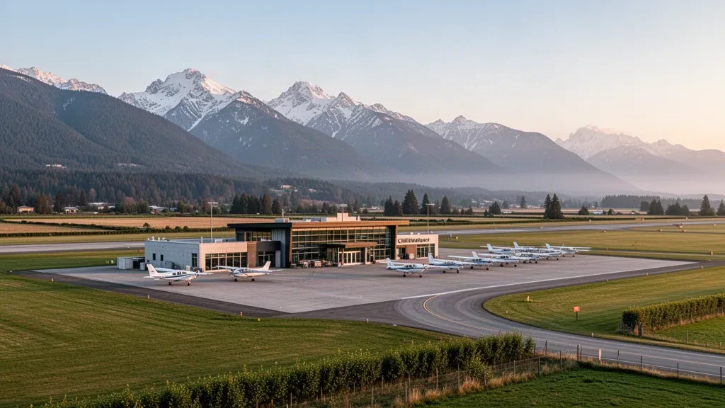 Pequeña terminal de aviación general y plataforma en el Aeropuerto de Chilliwack en el Valle de Fraser, con aeronaves ligeras y las montañas Cascade de fondo en la hora dorada