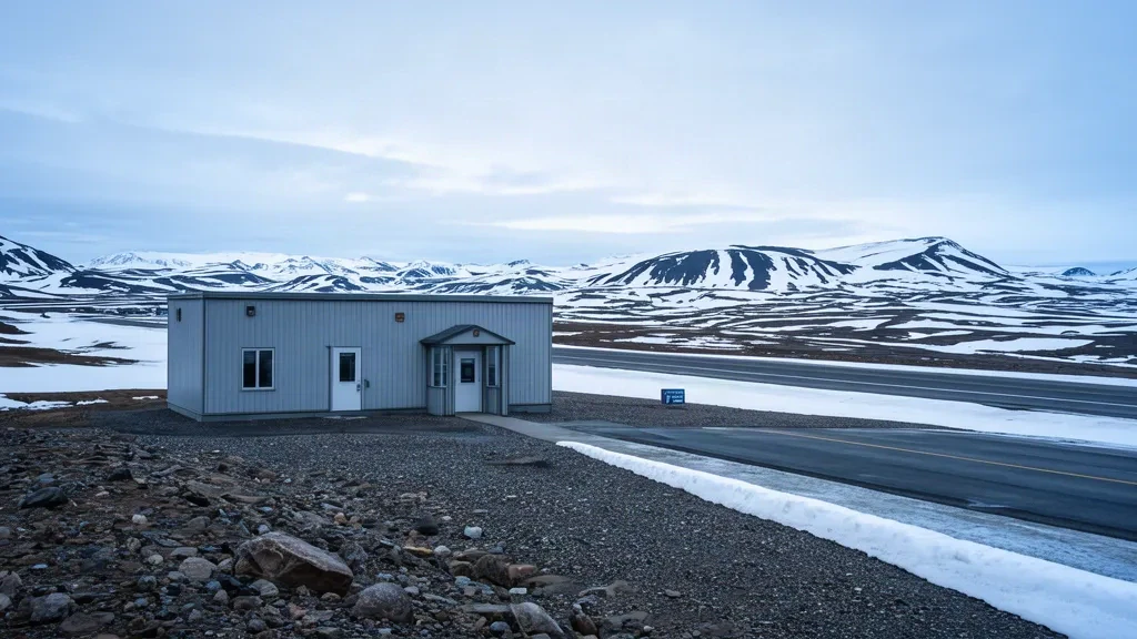 Kleines arktisches Terminalgebäude am Flughafen Clyde River in Nunavut, mit Schotterpiste und schneebedeckter Tundra unter bedecktem Himmel.