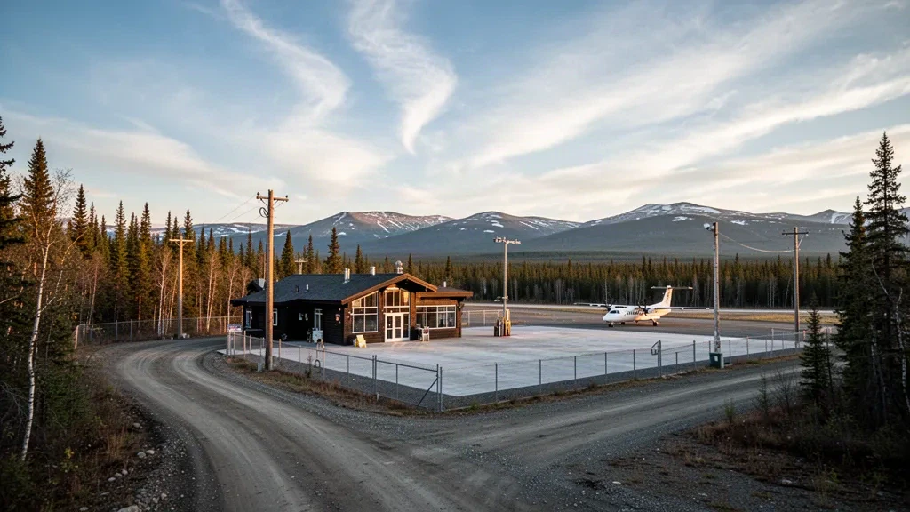 Piccolo terminal del nord e piazzale in ghiaia all'aeroporto di Dawson City nello Yukon, incorniciato dalla foresta boreale durante l'ora d'oro