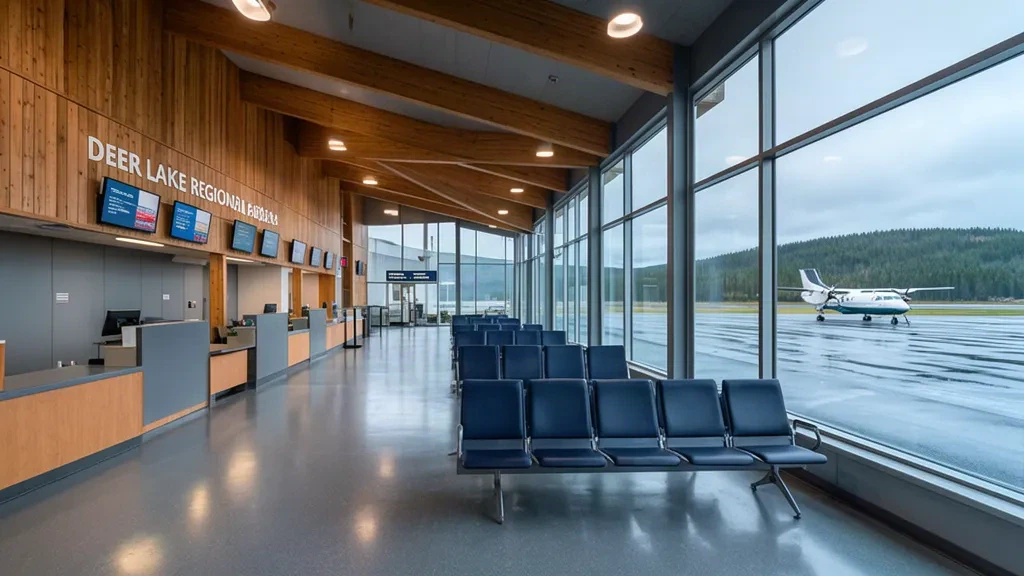 Intérieur du terminal de l'aéroport régional de Deer Lake à Terre-Neuve, avec comptoirs d'enregistrement, sièges d'attente et grandes fenêtres donnant sur le tarmac