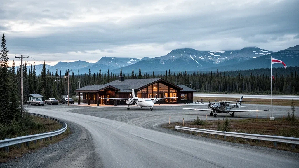 Schlichtes Terminal aus Holz und Glas, Schottervorfeld und eine kleine Turboprop-Maschine am Dease Lake Airport im Norden von British Columbia, umgeben von Fichtenwald