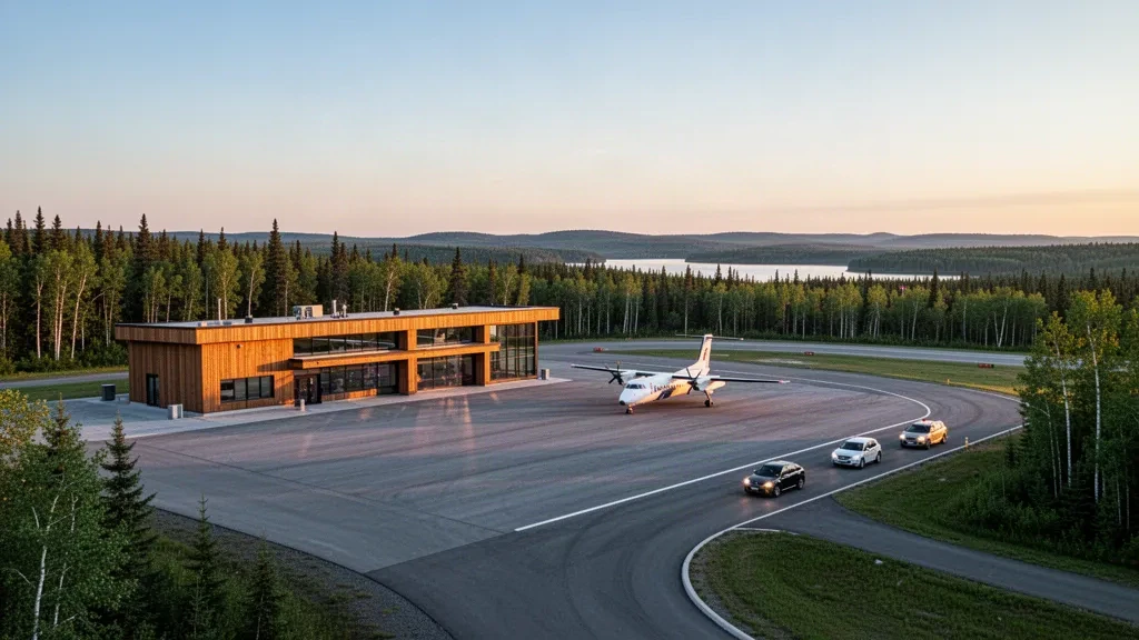 Piccolo terminal regionale e piazzale di sosta dell'aeroporto di Dolbeau-Saint-Félicien in Quebec, circondati dalla foresta boreale durante l'ora dorata