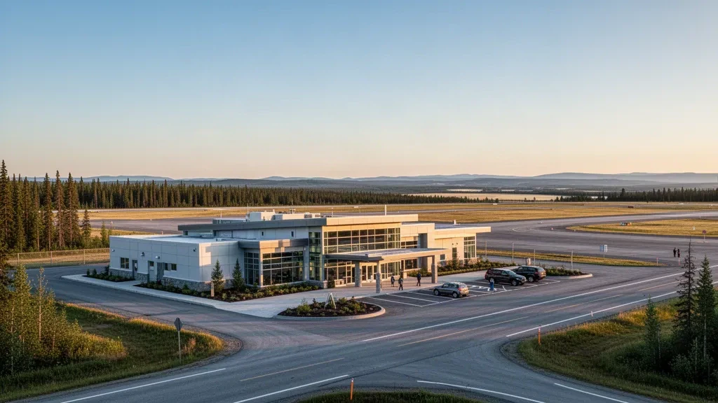 Terminal régional moderne et voie de dépose à l'aéroport de Dawson Creek en Colombie-Britannique sous un vaste ciel nordique à l'heure dorée.