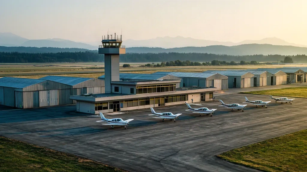 Britanya Kolumbiyası, Delta yakınlarındaki Boundary Bay Havalimanı'nda terminal ve kontrol kulesi dışındaki apronda park halindeki küçük tek motorlu uçak
