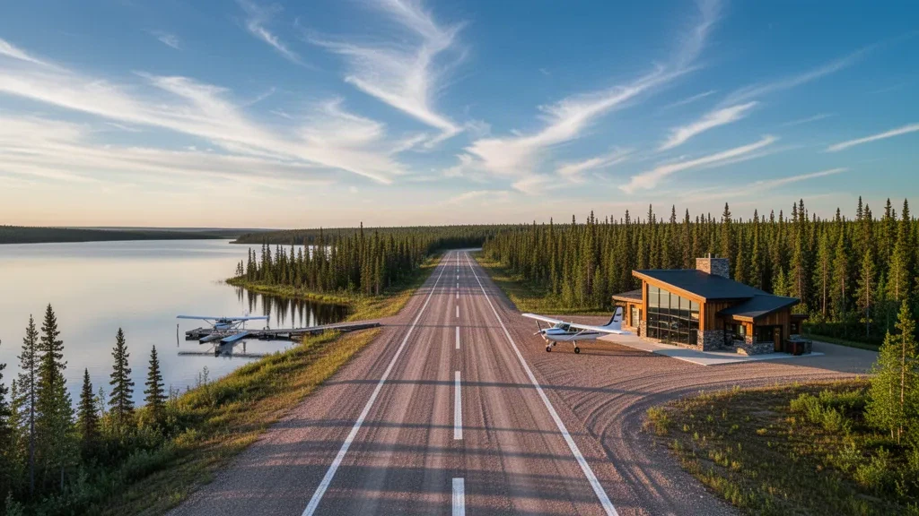 Una pista in ghiaia e un piccolo terminal rustico all'aeroporto di Kasba Lake, circondati dalla foresta del Canada settentrionale e dalle acque calme del lago durante l'ora d'oro.