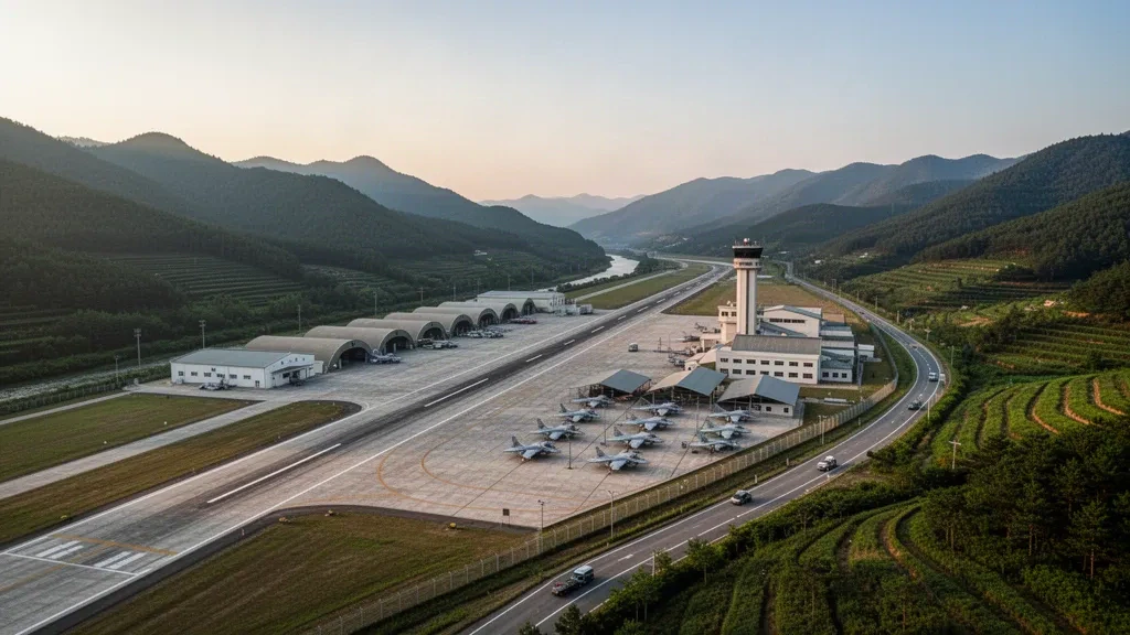 Aerial golden-hour view of Yecheon Air Base in South Korea, showing a long runway, hangars, and green mountain ridges