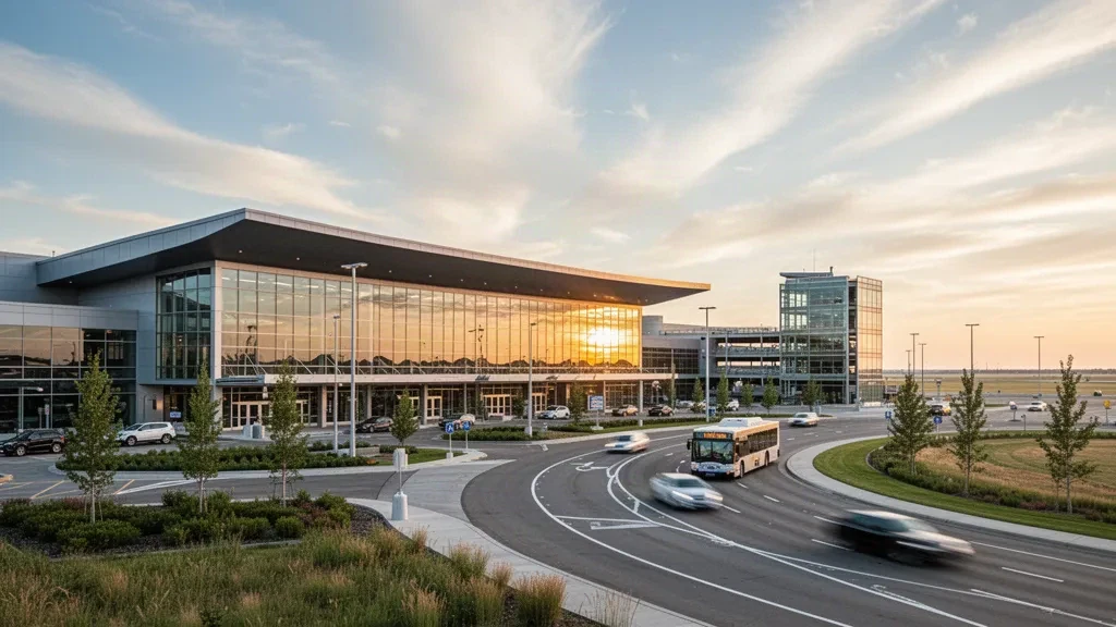 Extérieur moderne d'un terminal en verre et voies de dépose-minute à l'aéroport international d'Edmonton en Alberta, au Canada, sous un vaste ciel de prairie