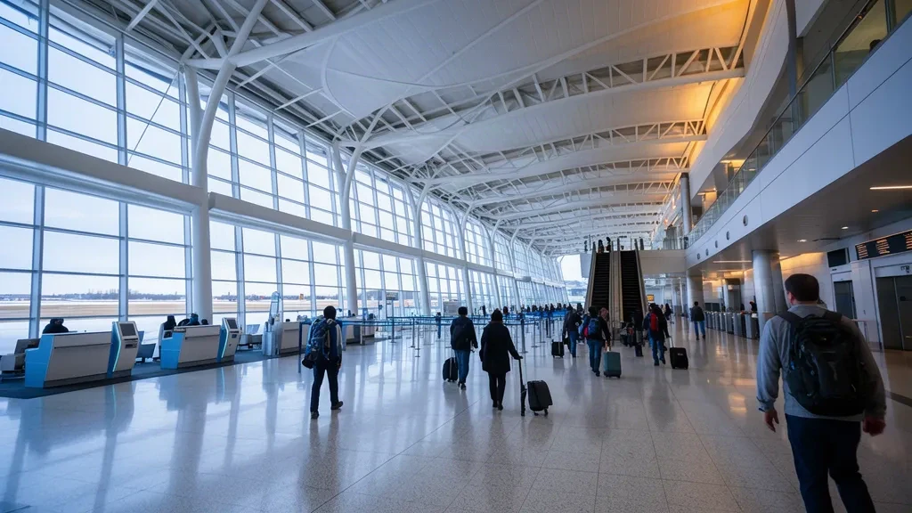 Luminosa e moderna sala partenze all'interno del terminal YEG dell'Aeroporto Internazionale di Edmonton in Alberta, con banchi check-in e viaggiatori