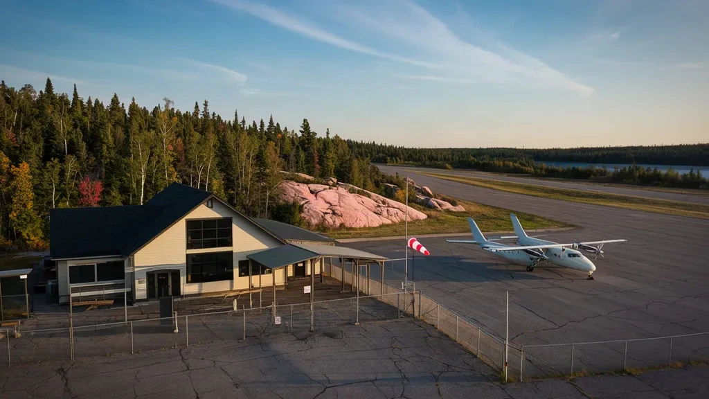 Small terminal building and apron at Elliot Lake Municipal Airport in Ontario, framed by boreal forest and granite outcrops