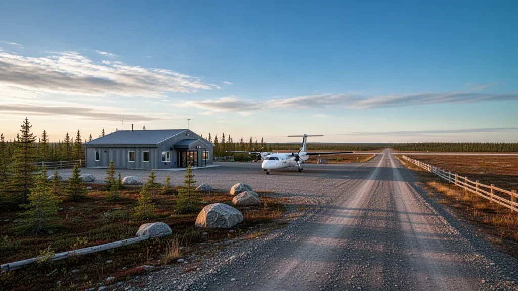 Pista remota de grava y pequeño edificio terminal en el Aeropuerto de Fort Severn, en el norte de Ontario, bajo un amplio cielo subártico