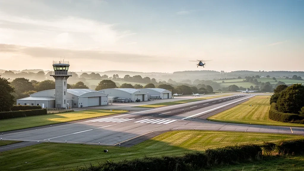 Weite Ansicht des Flugfelds der RNAS Yeovilton in Somerset zur goldenen Stunde, mit Hangars, einem Kontrollturm und der Start- und Landebahn in sanftem Abendlicht
