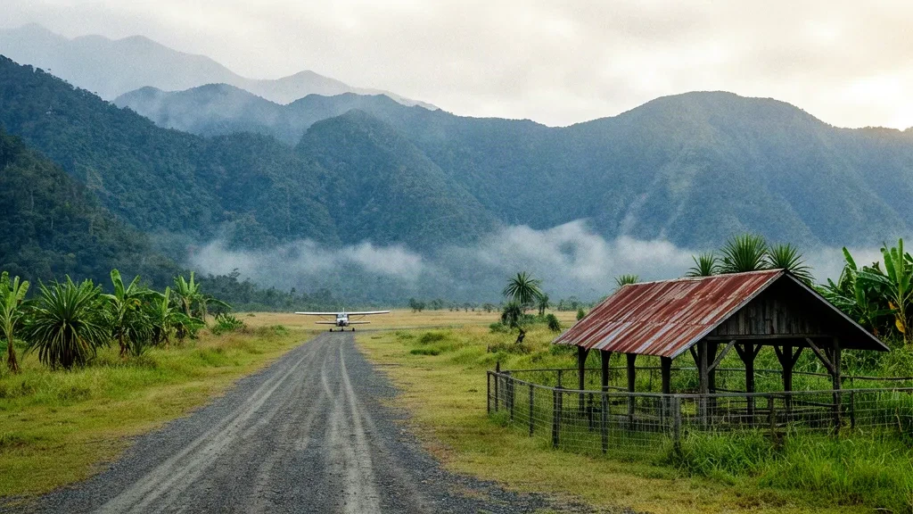 Piste herbeuse isolée à l'aéroport de Yenkis dans les hautes terres de Papouasie-Nouvelle-Guinée, entourée de crêtes montagneuses brumeuses et de forêt tropicale.