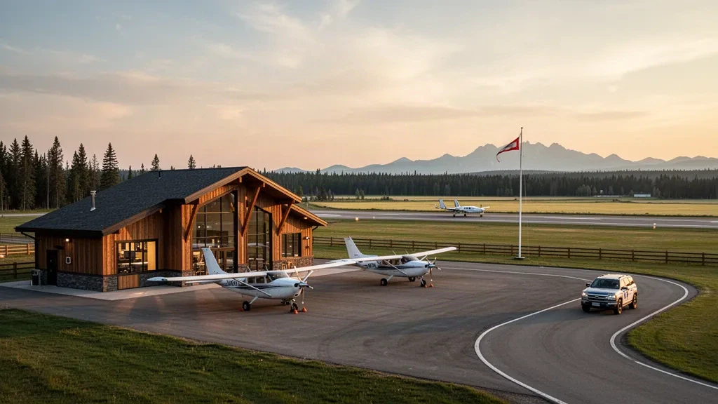 Pequeña terminal de aeropuerto municipal y plataforma de estacionamiento de aeronaves en el Aeropuerto de Edson, Alberta, Canadá, iluminadas con la cálida luz dorada del atardecer