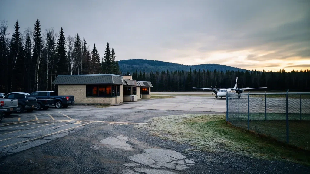 Flaches Terminalgebäude am Flughafen Amos/Magny (YEY) in Quebec, vom Parkplatz aus gesehen mit verschneitem Vorfeld und borealem Wald dahinter