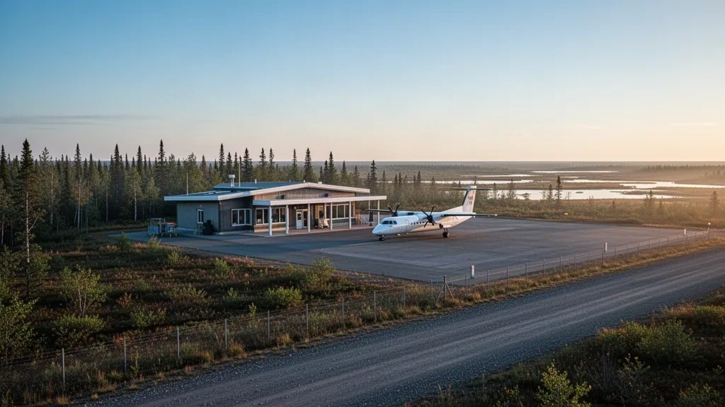 Small remote airport terminal and turboprop aircraft on the apron at Fort Albany Airport in Ontario, Canada.