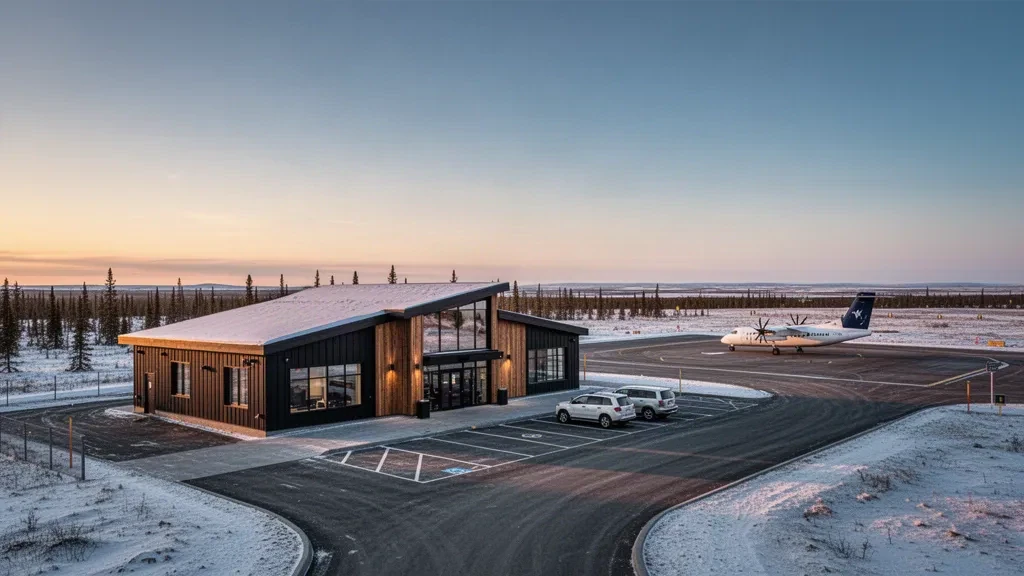 Terminal und Vorfeld des Inuvik Mike Zubko Airport im Licht der goldenen Stunde unter dem Himmel der arktischen Tundra der Northwest Territories