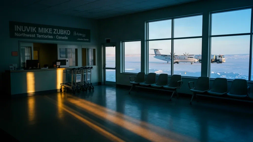 Interno del terminal dell'aeroporto di Inuvik Mike Zubko nei Territori del Nordovest con posti a sedere nell'area d'attesa e viste sul piazzale innevato