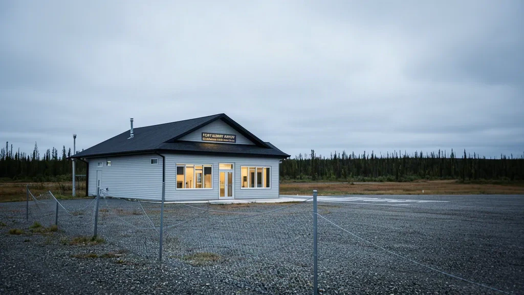 Kuzey Ontario'daki Fort Albany Havalimanı YFA'da kapalı hava koşullarında küçük terminal binası ve çakıl apron