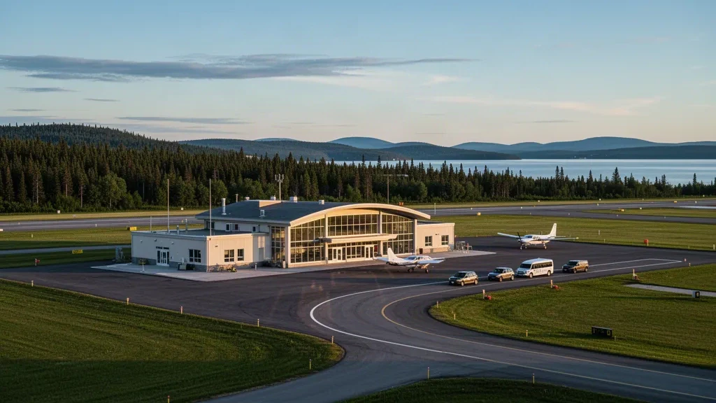Small regional terminal and apron at Forestville Airport in Quebec, framed by boreal forest and the St. Lawrence River at golden hour