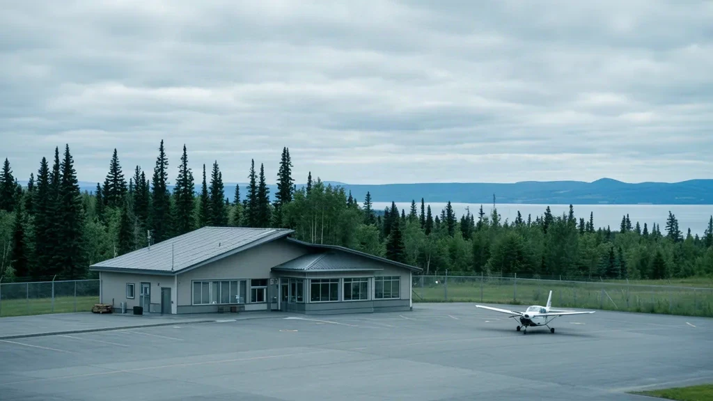 Small terminal building at Forestville Airport (YFE) in Quebec, Canada, with a quiet apron, parked aircraft, and surrounding boreal forest.