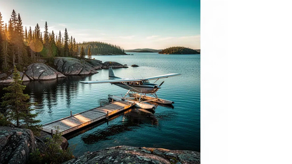Floatplane moored at a timber dock on Great Slave Lake at the remote Fort Reliance seaplane base in Canada's Northwest Territories