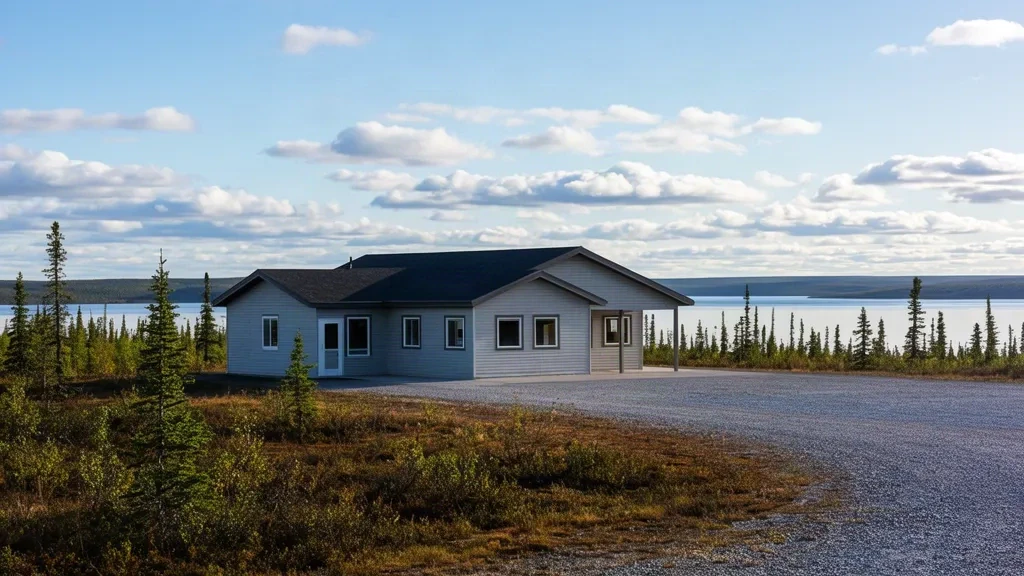 Terminal und Schotterpiste des Flughafens Wekweètì in den Northwest Territories, Kanada, unter einem klaren subarktischen Himmel.