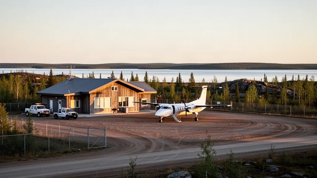 Petit terminal aéroportuaire du nord du Canada à Fort Resolution sur le Grand lac des Esclaves avec un avion à turbopropulseurs sur l'aire de trafic en gravier à l'heure dorée