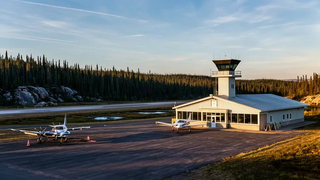 Petit bâtiment terminal régional et tarmac à l'aéroport de Flin Flon YFO, entouré de la forêt boréale du nord du Manitoba