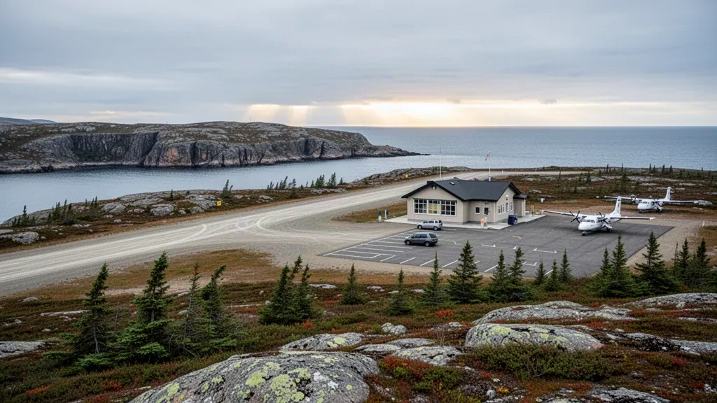 Small gravel runway and compact terminal serving St. Lewis (Fox Harbour) Airport on Labrador's rugged coast