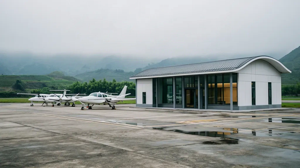 Modern terminal building and light propeller aircraft on the apron at Yongchuan Da'an General Airport in Chongqing, China, under soft overcast light.
