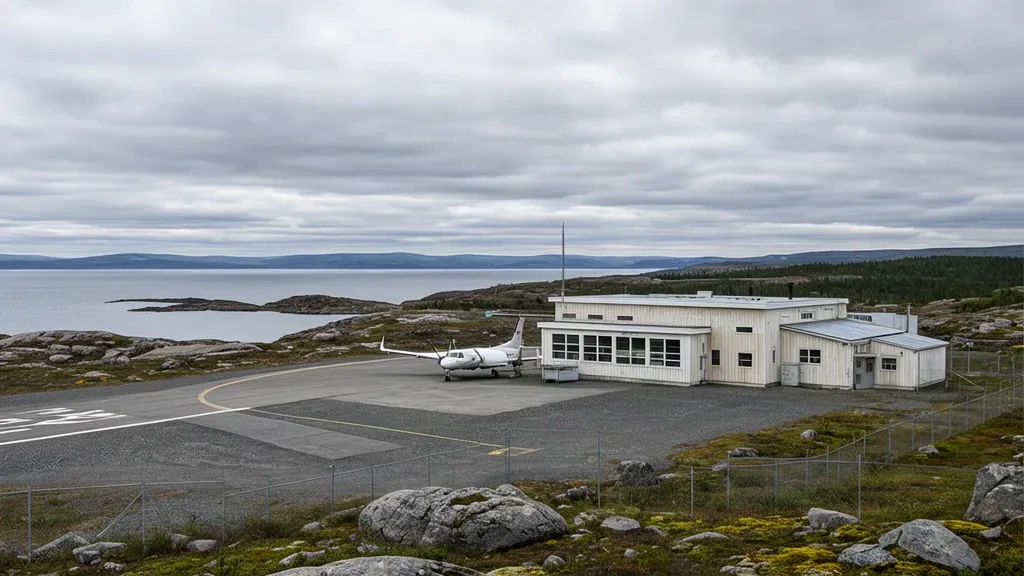 Petit terminal et piste courte à l'aéroport de St. Lewis (Fox Harbour), sur la côte du Labrador, sous un ciel couvert