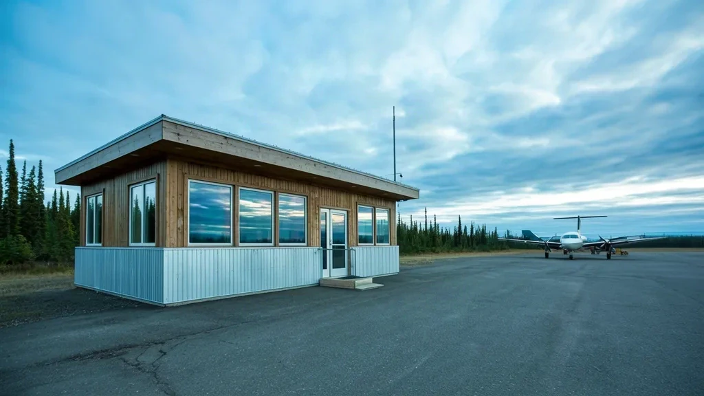 Veduta esterna del piccolo edificio terminal dell'aeroporto di Fort Simpson nei Territori del Nordovest, Canada.