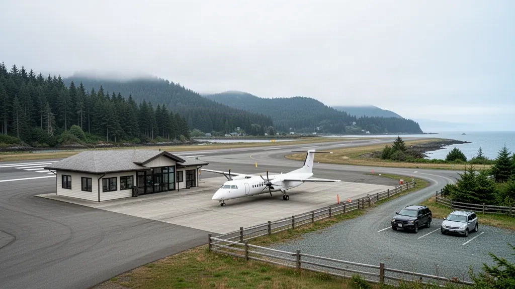 Terminal de una sola planta y plataforma pavimentada en el aeropuerto de Texada Gillies Bay, en la isla de Texada, Columbia Británica, rodeados de bosque costero