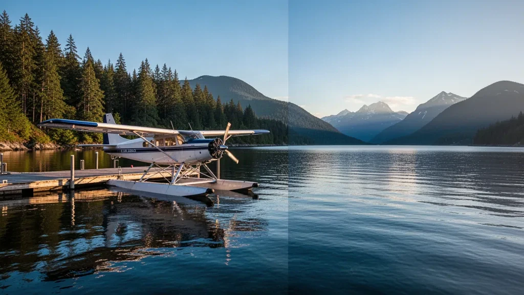 Ein Wasserflugzeug am Steg der Gorge Harbour Wasserflugzeugbasis auf Cortes Island, umgeben von immergrünem Wald und ruhigem Wasser unter klarem Himmel.