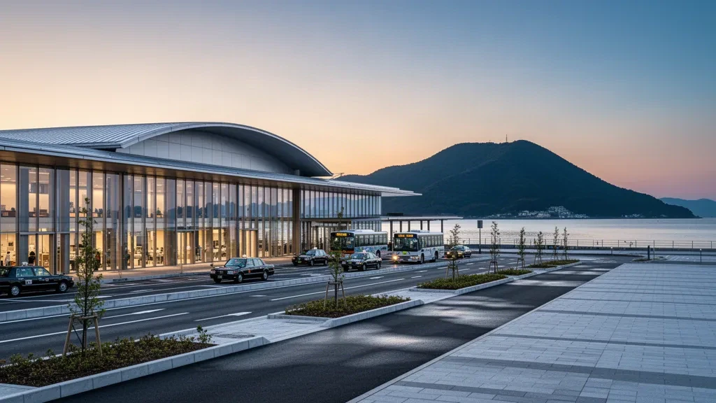 Exterior moderno de terminal con cristaleras en el aeropuerto Yonago Kitaro con la bahía de Miho y el monte Daisen al fondo al atardecer