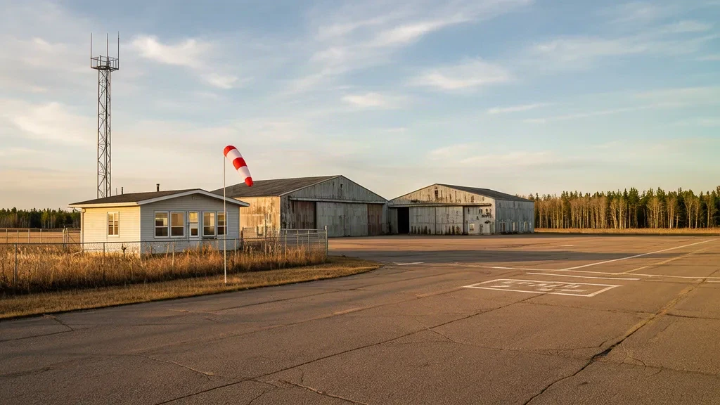 Single-storey terminal building, hangars and control tower at Gimli Industrial Park Airport on the Manitoba prairie under late-afternoon light