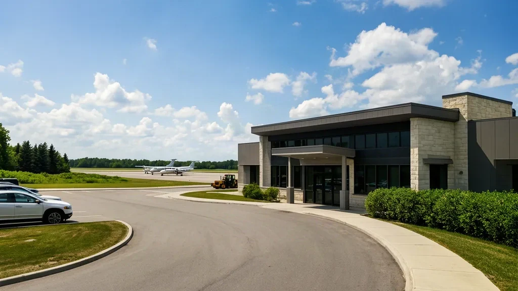 Single-storey terminal building and apron at Kingston Norman Rogers Airport YGK on a bright Ontario summer day