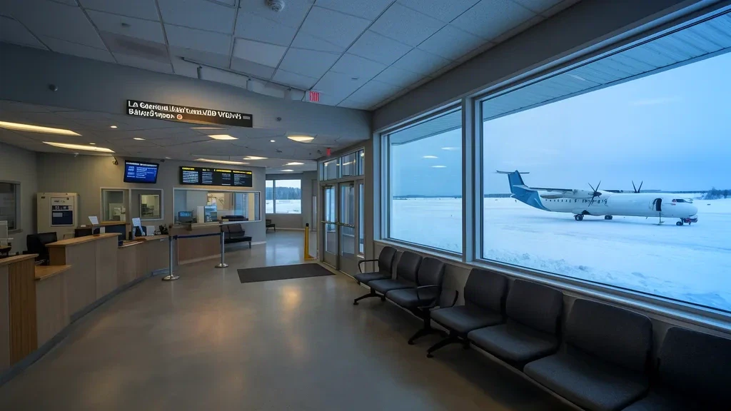 Intérieur du terminal de l'aéroport La Grande Rivière à Radisson, au Québec, avec les comptoirs d'enregistrement et de grandes fenêtres donnant sur un tarmac enneigé.
