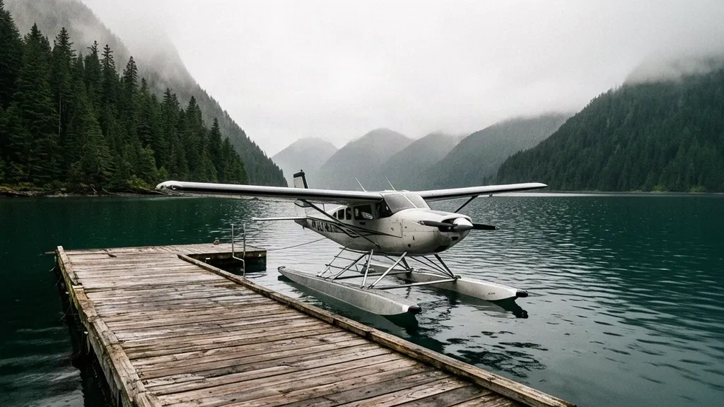 Hydravion amarré au quai en bois de Greenway Sound Seaplane Base YGN parmi des bras de mer boisés et brumeux sur la côte de la Colombie-Britannique.