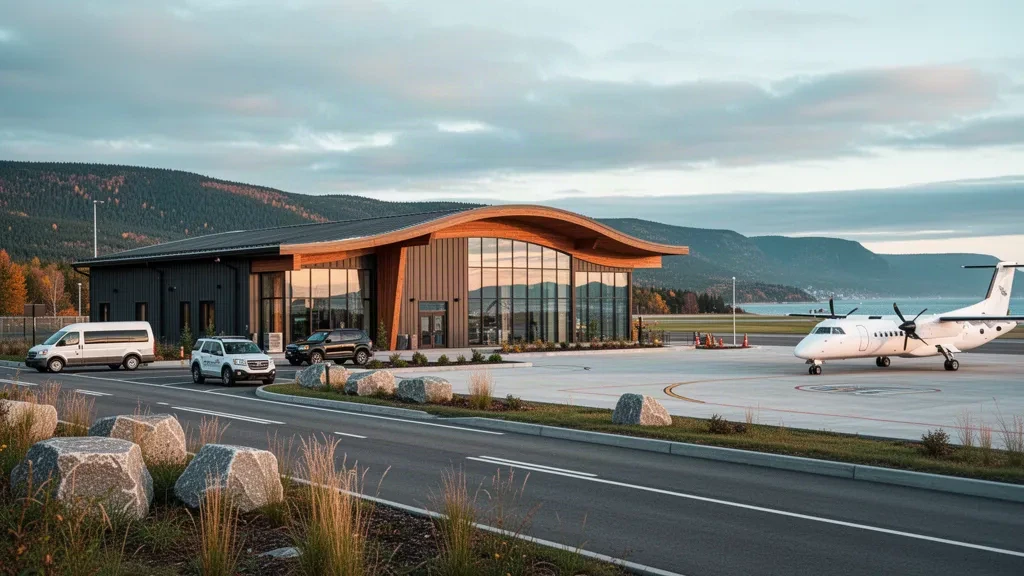 Modern terminal and apron at Michel-Pouliot Gaspé Airport in Quebec, framed by forested coastal hills under soft morning light.