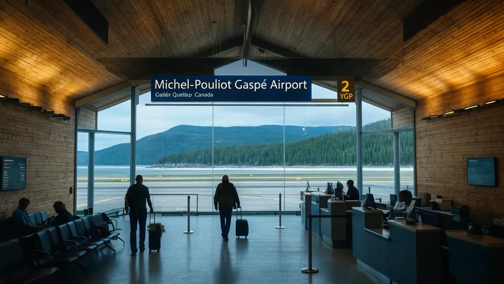 Interior of Michel-Pouliot Gaspé Airport YGP terminal in Gaspé, Quebec, with travelers and modern architecture.