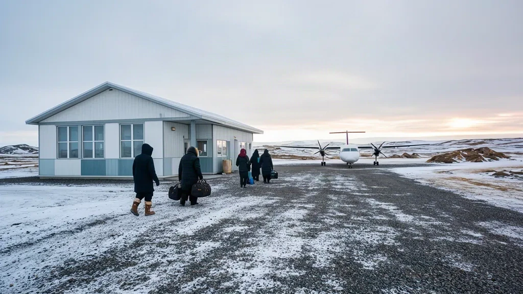 Pequeña terminal de aeropuerto de una comunidad ártica en Igloolik, Nunavut, con viajeros con parkas de invierno y un turbohélice en la plataforma de grava nevada