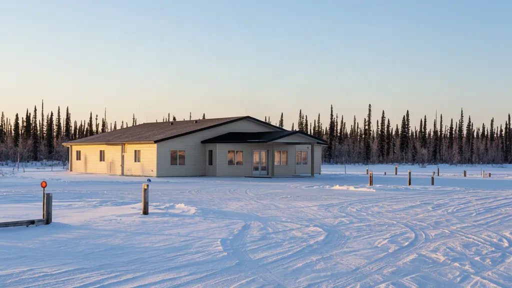 Exterior of the small terminal building at Gillam Airport in Manitoba, Canada, surrounded by snow and boreal forest in winter