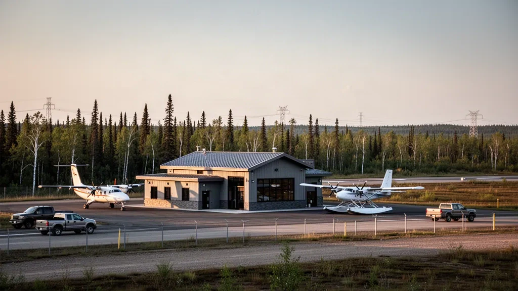 Pequeña terminal regional, plataforma de aeronaves y entorno de bosque boreal en el aeropuerto de Gillam, en el norte de Manitoba
