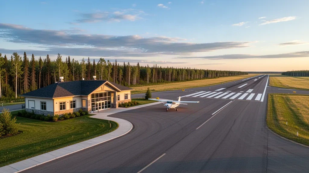 Piccolo terminal aeroportuale regionale e pista a Hudson Bay, Saskatchewan, circondati da foresta boreale sotto cieli tersi della prateria durante l'ora d'oro