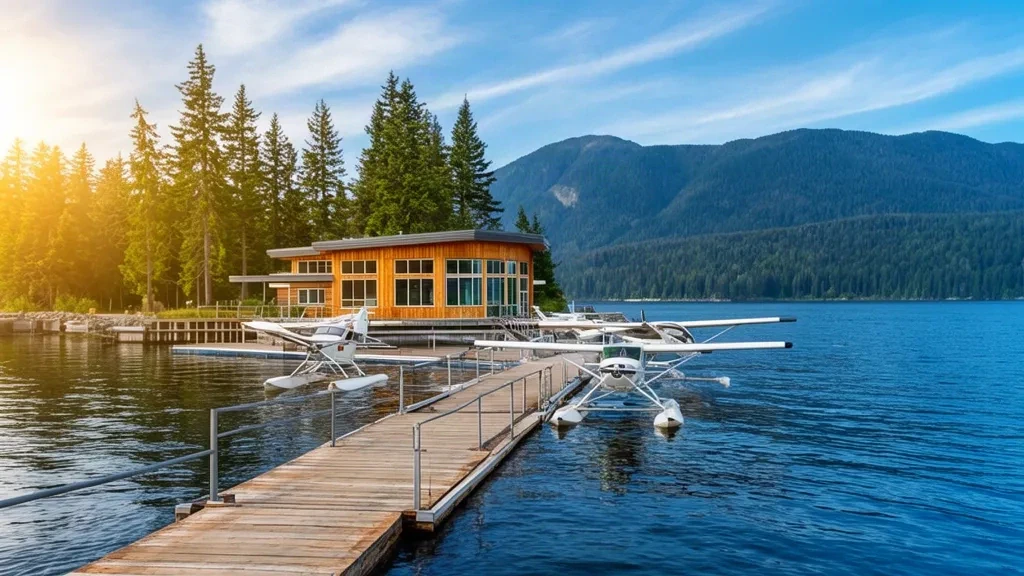 Seaplanes moored at the Campbell River Seaplane Base YHH dock with coastal mountains and evergreen forest in the background.