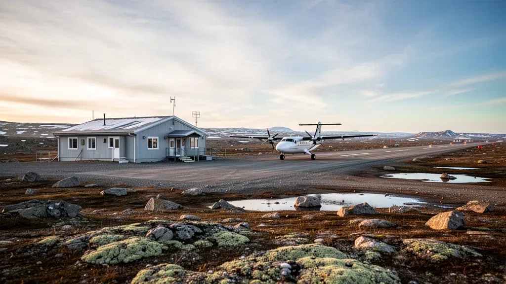 Gravel runway and small terminal building at Gjoa Haven Airport on the Nunavut tundra at golden hour