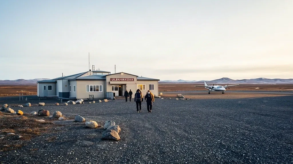 Petit bâtiment terminal arctique à l'aéroport d'Ulukhaktok Holman, à Ulukhaktok, Territoires du Nord-Ouest, Canada.